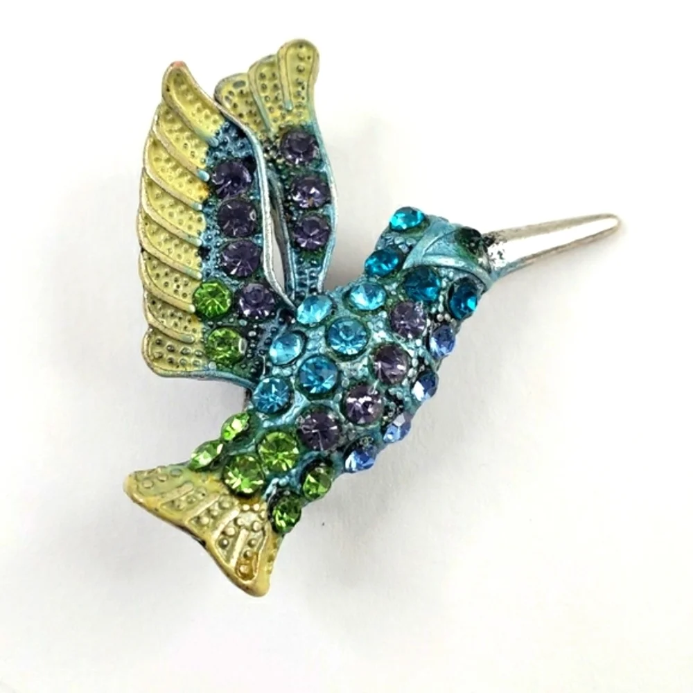 Vintage Hummingbird Brooch Pin rhinestones in purple blue teal lime green